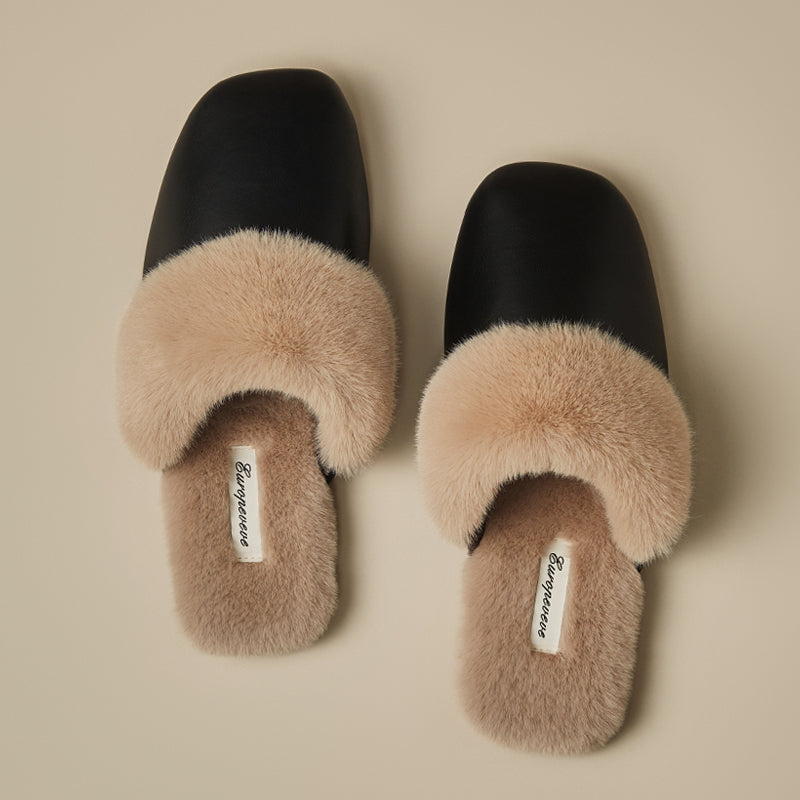 Women's Black Cotton Slippers Winter Velvet Thermal Non-slip Indoor