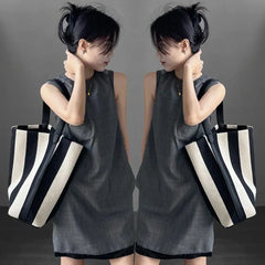 Black and white contrasting wide shoulder strap women's bag large capacity tote bag bucket bag